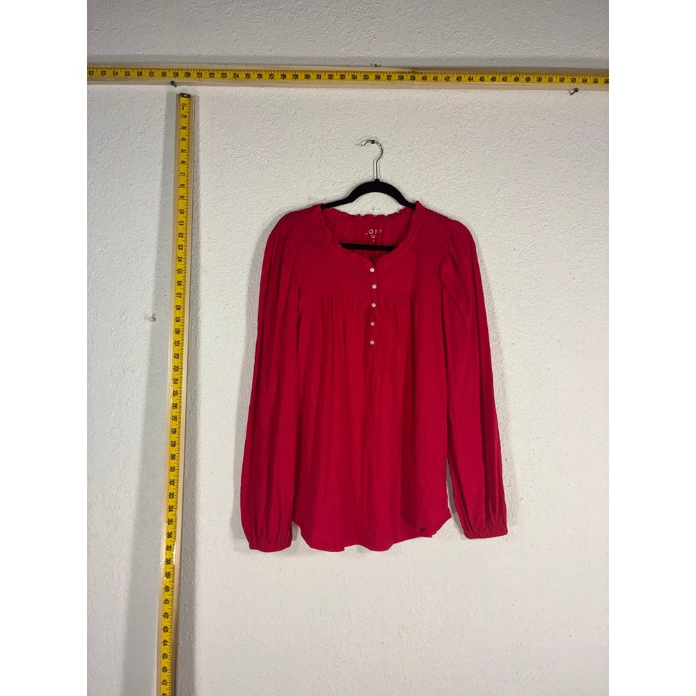 LOFT Red Henley‎ Blouse Womens L Excellent Ruffle Neck Cotton Long Sleeve